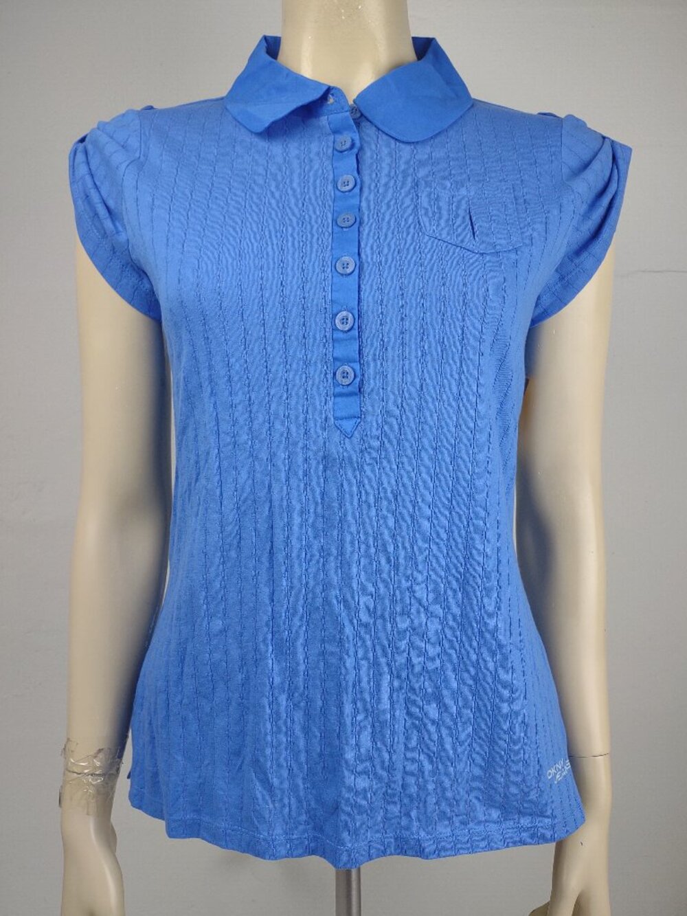 NWT DKNY Jeans blue casual short tabbed sleeve half button shirt top ladies XS